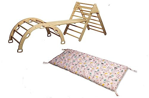 Kidodido Montessori Kletterset | Kletterdreieck, Kletterbogen & Rampe | Kletterbogen mit Kissen | Holz Klettergerüst Set mit Rampe und Kissen (Flamingo) für Kinder ab 6 Monaten bis 7 Jahre
