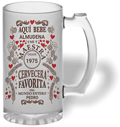 Bee Ingenious Jarra cerveza personalizada de cristal esmerilado San Valentin. Jarra de cerveza original: Aquí bebe con nombres y año personalizados-COL (Maestra)