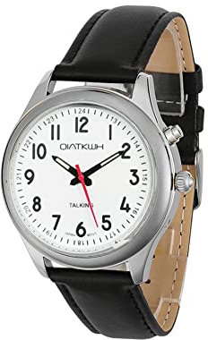 QIATKWH Deutsch sprechende Uhr,Gehäuse aus Silberlegierung, schwarzes Lederarmband, Damenstil