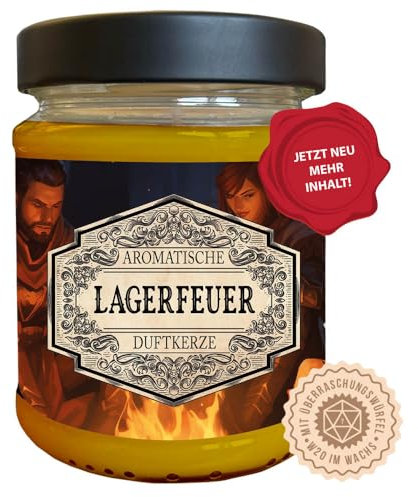 Rollenspiel Duftkerze Lagerfeuer mit verstecktem D20-Würfel - Handgemacht in Deutschland, (Neue Größe) 240ml, ca. 40 Stunden Brenndauer