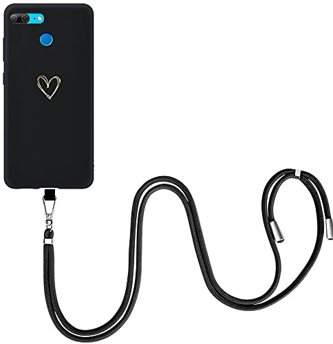 EuoDuo für Honor 9 Lite Hülle mit Band Handyhülle Handyband Abnehmbare Kordel Handyband zum umhängen Silikon Case Schwarz Schutzhülle Halskette Cover - Gold Liebesherz