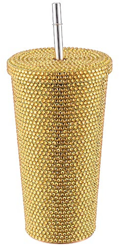 JUOPZKENN Bling Strass Shinning Bouteille d'eau en Acier Inoxydable Voyage Diamant Flacon Vide Bouteille Sparkly Tumbler pour Femme Noël Saint Valentin Cadeau d'anniversaire,500ml(d'or)