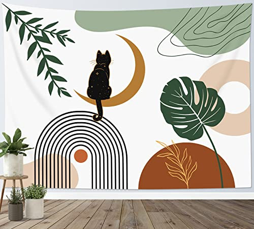 LB Wandteppich Moderne Mitte des Jahrhunderts Wandtuch Tarot Schwarze Katze auf Mond Wandbehang Boho Abstraktes grünes Palmblatt Tapisserie für Wohnzimmer Schlafzimmer Wohnheim Wanddeko,200x150cm