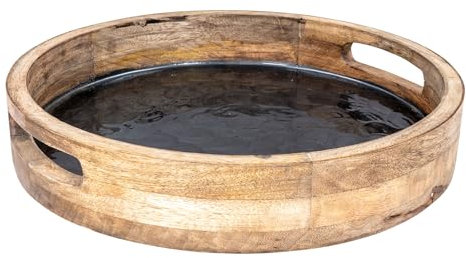 levandeo Rundes Tablett 35cm Mango Holz Grau Perlmutt Emaille Ablage Serviertablett Deko Servierplatte Tischdeko Dekoration