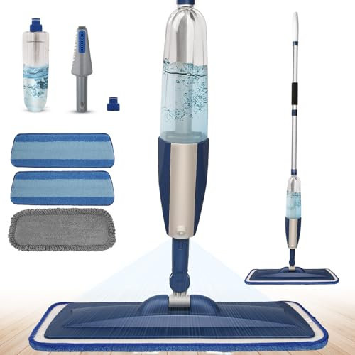 Spray Mops for Floor Cleaning Floor Mop with a Refillable Spray Bottle and 3 Washable Microfiber Pads Home or Commercial Use Dry Wet Flat Mop for Hardwood Laminate Wood (Dark Blue)
