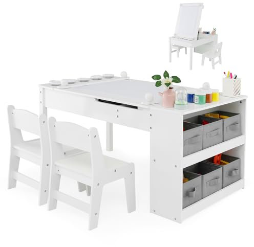 GOPLUS Kinderkunsttisch mit 2 Stuhl & seitliche offene Regal, Kindermöbel Set mit Stauraum & Maltisch, Kindersitzgruppe für Zeichnen & Schreiben, für Kinderzimmer Spielzimmer Kindergarten (Weiß)