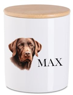 zauselbart Leckerlidose Hund - Personalisiert mit Name - Aufbewahrungsdose Hundefutter - Vorratsdose Keramik mit Holzdeckel - M (14x10x10cm)
