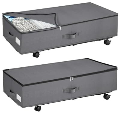 MOXTOYU 2 Pack Underbed Storage - Moisture-Proof & Dustproof, Wheeled Under-Bed Storage Bag with Zip for Clothes, Blankets, Shoes, Toys - Grey