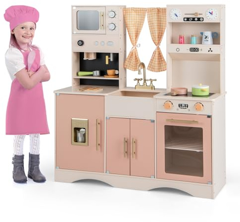GOPLUS Cuisine Enfant en Bois, Kit de Jouets de Cuisine avec Eeffets Sonores, Cafetière, Machine à Glaçons, Micro-Ondes, Four, Evier, 16 Accessoires, Jeux de Chef pour Enfant 3+ Ans (Rose)