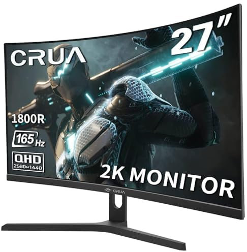 CRUA Monitor da gioco, 27 144hz/165HZ Monitor curvo per computer, 1440P 1800R senza cornice, 1ms GTG con FreeSync, bassa sfocatura da movimento, Eye Care, VESA, Display Port, HDMI, Nero