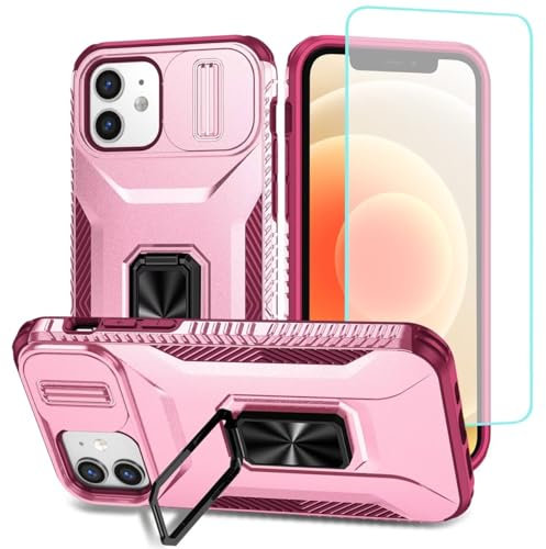 Wanyuexes Case for iPhone 12/iPhone 12 Pro Case with Tempered Glass Screen Protector and Slide Camera Cover, Rotated Ring Car Mount Holder Shockproof Cover for iPhone 12 Pink Wine