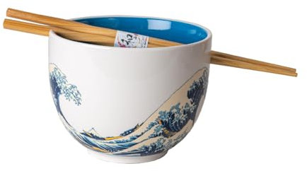 Hinomaru Collection Quality Japanese Ramen Udon Noodle Bowl with Chopsticks Bowl Set 5 Inch Diameter (Great Wave)