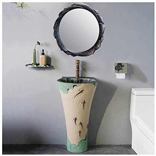 SnamicE Badezimmer-Waschbecken mit Sockel, Art Lotus-Waschbecken – handgeschnitztes Waschbecken aus Harz und Material für drinnen und draußen, Kratz- und schmutzabweisend, – mit,-with Mirror(B Style)