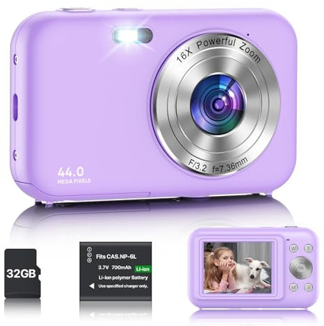 Fotocamera Digitale,1080P 44 MP Macchina Fotografica Compatta con Scheda da 32 GB, 16X Zoom Fotocamera con LCD da 2,4, 1 Batteria, per Bambini Adolescenti, Principianti (Viola)