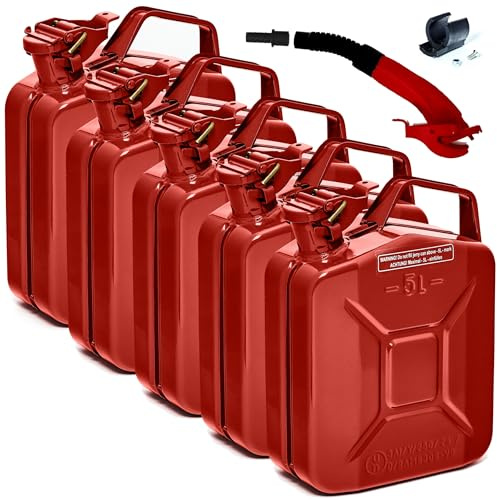 BW® Benzinkanister Metall 5x 5 Liter mit Ausgießer - Kraftstoffkanister Rot - RAL 3000 - TÜV-geprüft und UN-Zulassung - 0,8mm Stahl nach DIN 7274 - Made in Europe