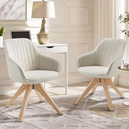 Zouron Esszimmerstühle Drehbar Beige Samt 2er Set - Sessel Beige Eichenholzbeine Polsterstuhl Armlehnstuhl Küchenstuhl Sitzfläche 42x43cm Schreibstuhl 130kg Belastbar (Beige Samt-Holzbeine-2 pcs)