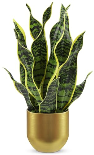Hollyone Kunstpflanze Sansevieria, Kunstpflanze Klein, Zimmerpflanze Künstlich im Goldtopf, 42CM Künstliche Schlangenpflanze für Home Office Hotel Bookstore Cafe Moderne Dekoration, Hellgrün