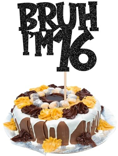 1 Stück Bruh I'm 16 Cake Topper Glitzer Happy 16th Geburtstag Tortendeko Bro I'm 16 It's My 8th Birthday Kuchen Deko für Prost auf 16 Jahre Geburtstag Party Kuchen Dekoration Schwarz