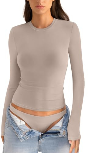 EasyGala Womens Cotton Long Sleeve Shirts Crew Neck Fitted Basic Going Out Outfits Undershirt Spring Fall Clothes 2025, Apricot, S