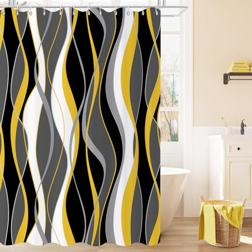 GCIREC Rideau de Douche, 180x200cm, Moderne Abstrait Noir Gris Blanc Jaune Ombre Rayé Art Minimaliste Imperméable Rideau de Salle de Bain Lavable en Machine avec Crochets