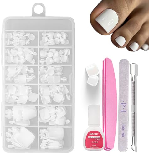 120pcs False Toenails Set, 12 Sizes White Press on Toenails Short, French Fake Toe Nails Kit with Glue, Square False Toe Nail Extensions, Full Cover Acrylic Toenails For Women Nail Art DIY