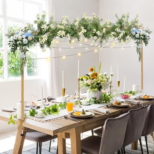 Adjustable Over-Table Display Bar with Clamps, Adjustable 31‘-47’ Tall, 47‘-102’ Length, Over-Table Rod Stand, Durable Metal Arch Hanging Rail for Decorations, Wedding, Birthday, Party Decor