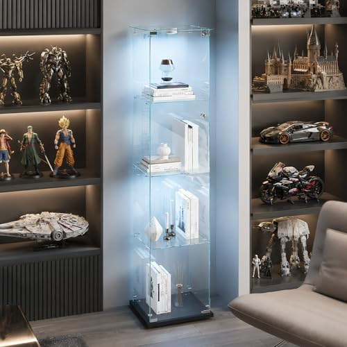 BRILVERDE Vitrine mit 4 Glasablagen, mit LED-Lichtern, Doppeltür mit Schloss, Vitrine für Sammlungen, Bücher, Weine, Büro und Wohnzimmer (Schwarz, 163 x 39 x 35 cm)
