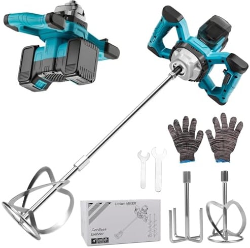 Akku Farbmörtelrührer Kompatibel mit Makita Batterie, 3200W Mehrzweck Brushless Betonrührer mit Rührstäben, Mischkopf, Schraubenschlüssel und Handschuhen(Max. 680 U/min, 6-Gang-Getriebe, Ohne Akku)