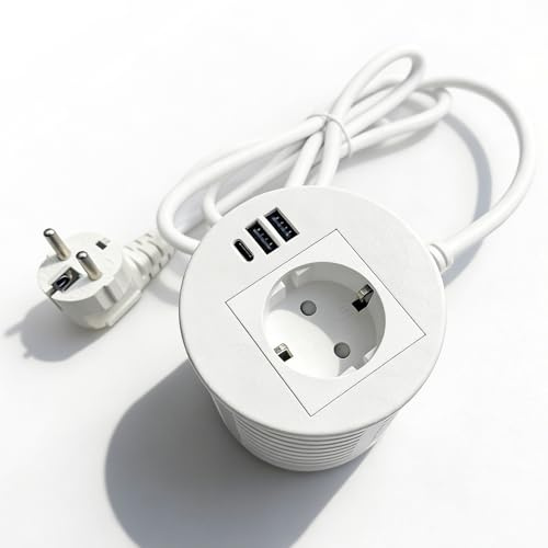 BAIFULAI Presa da incasso con USB, presa da scrivania per 80 mm, presa elettrica con 1 socket, 2 porte USB-A, 1 connettore USB-C e cavo di alimentazione da 1,7 m, presa da incasso a scomparsa, bianco