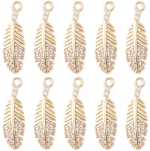 Beebeecraft 1 Box 20 Stück Gold Feder Anhänger Bulk Messing Micro Paved Kubisch Zirkonia Feder Ritzel Flügel Feder Anhänger für Schmuck Herstellung Entdecken Ohrringe Schlüsselanhänger Armbänder