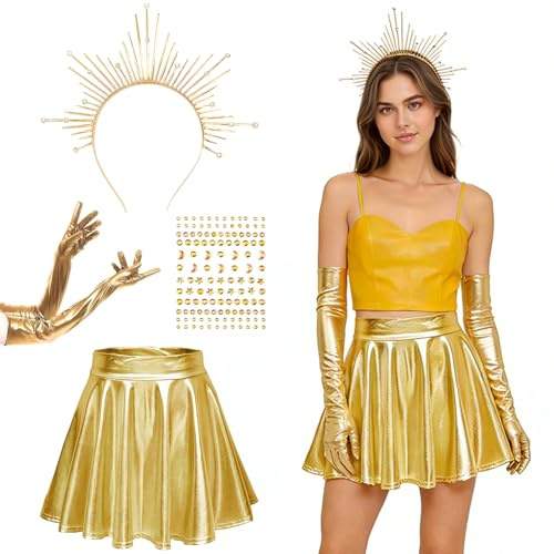 CHENBOOW Sonnengöttin Kostüm,Heiligenschein Krone,Sonne Kostüm,Metallischer Faltenrock,Sonne Göttin Kostüm Set,Gold Glitzer Tüllrock,Gold Rock Damen,für Faschingskostüme,Karneval,Mottoparty