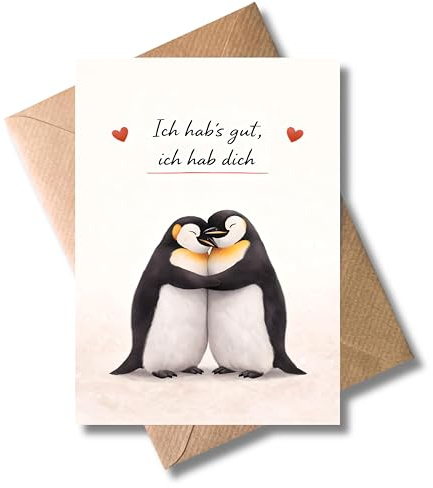 WBdesignz Pinguinkarte mit Umschlag - süße Karte mit zwei umarmenden Pinguinen & Spruch „Ich hab’s gut, ich hab dich“ - perfekte Dankeskarte, Geburtstag, Valentinstag für Freunde & Partner (DIN A6)