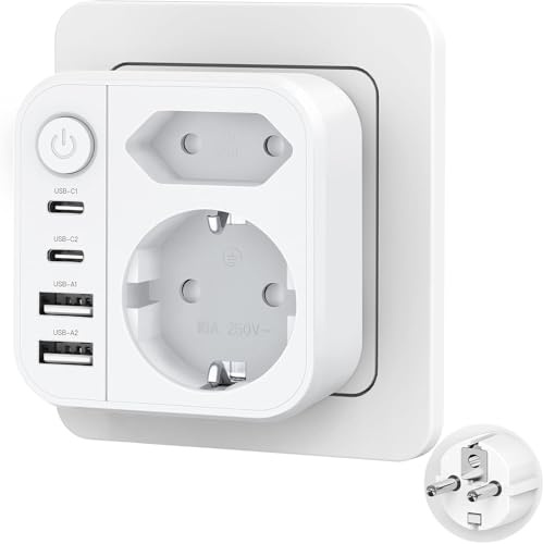Steckdosenadapter, 6-in-1 Mehrfachsteckdose, Doppelstecker mit 2 USB-A und 2 USB-C Steckdose, Steckdosenwürfel ohne Kabel, Doppelstecker für Steckdose Geeignet für Zuhause/Büro/Reisen, Weiß
