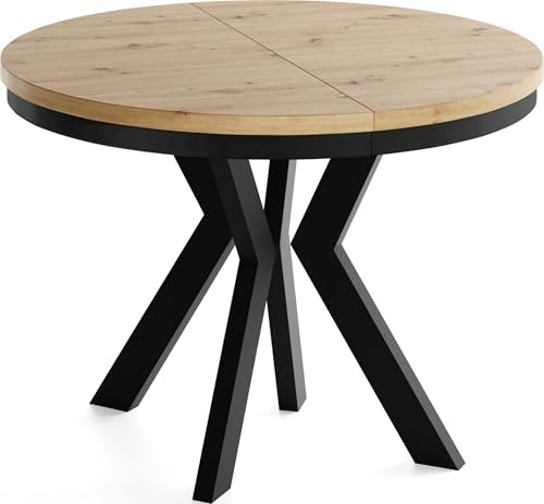 WFL GROUP Runder Esstisch Ausziehbar 90-190 cm – Verlängerbar, für 5-9 Personen mit Schwarzen Holzbeinen & Metallring – Tisch für Wohnzimmer & Esszimmer in Eiche Artisan Hellbraun