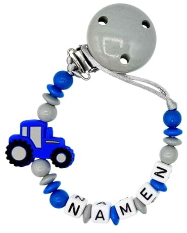 Nuckelkette mit Namen  TRAKTOR  in verschiedenen Farben/Baby/Unisex/Personalisiert/HANDMADE (Hellgrau Mittelblau)