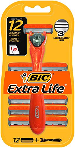 BIC Hybrid 3 Extra Life 1 Griff & 12 Ersatzköpfe Herrenrasierklinge, Rasierpaket für 12 Monate, mit 3 Klingen, 12 Ersatzpatronen