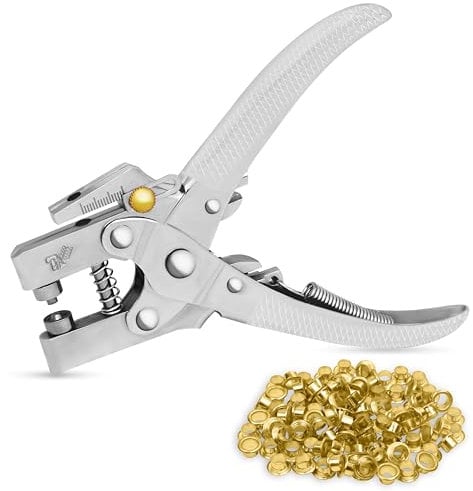 Kurtzy Ösenzange Set Lochzange mit 100 Ösen – 16 cm Leder Gürtel Locherzange Ösenzange für Stoffe – Lochzange mit Ösen 7,2mm Nieten Gold – Lochnieten mit Zange Stoff, Kleider, Schuhe, Taschen, Basteln