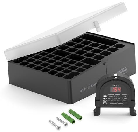 ANSMANN Batteriebox inkl. Akkutester für AAA Micro, AA Mignon & 9V Block Akkus und Batterien - Praktische Akkubox zum Schutz & Transport für 48 Accus - Batterie Box & Akku Box zur Aufbewahrung