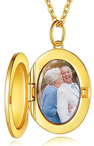 Custom4U S925 Silber Ovaler Foto Anhänger Halskette mit Bild Medaillon zum Öffnen Personalisierte Fotobox-Anhänger Amulett mit Fotogravur mit Wunsch/Namen/Text Gravur in Gold mit 56cm Kette