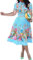 VERWIN Lapel Three-Quarter Sleeve Knee Length Pleated Floral Women's Sheath Dress (XX-Large, Blue Short Sleeve)