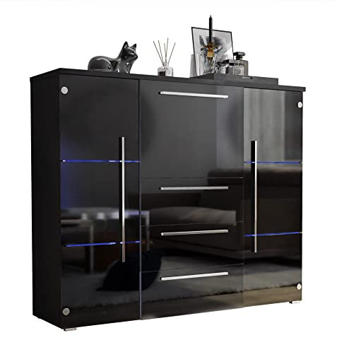 lukmebel Kommode BARI Hochglanz mit Schubladen und Barfach Wohnzimmer Wohnzimmerschrank LED kostenlos HG Highboard Sideboard Schrank Schlafzimmer Schrank Mehrzweckschrank (Schwarz/Schwarz + Schwarz)