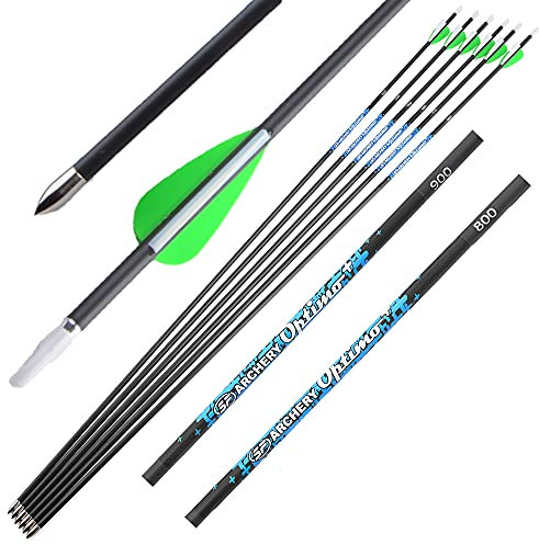 SHARROW 100% Carbon Pfeile 32 Zoll Pfeile für Bogenschießen Spine 800-900 Reinem Kohlenstoffpfeile Jagdpfeile mit 2 Plastikfedern für Pfeil Und Bogen Recurvebogen Compoundbogen (900, 6P)
