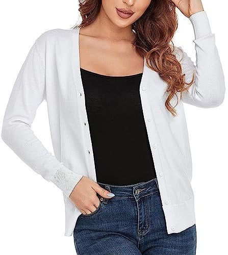 CUNYI Cardigan for Women V-Neck Womens Long Sleeve Sweater with Buttons Ladies Knit Coat Elegant, White XL