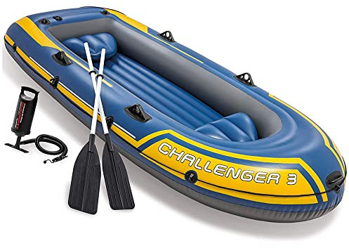 com-four® Ruderboot-Set für 3 Personen - Schlauchboot mit Paddeln, Pumpe, Sitzkissen - Luftboot mit Rudern, Doppelhubpumpe, Luftkissen - Paddelboot für Angler, Schwimmer, Taucher (3-Sitzer blau)