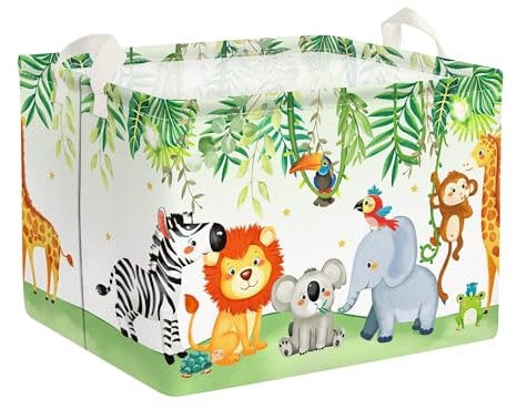 Clastyle Safari Waldtiere Grün Kinder Aufbewahrungsbox Würfel Aufbewahrungskorb Löwe Koala Tiere Elefant Stoff Babyzimmer Regalkörbe Rechteckig Spielzeug Kinder Aufbewahrungsbox, 40x30x30 cm