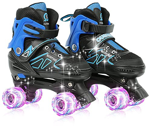 Rollschuhe mit leuchtenden Rädern, klassische Quad-Skates für Mädchen und Jungen, bequem und atmungsaktiv, für Anfänger, Blau M (32 bis 37)