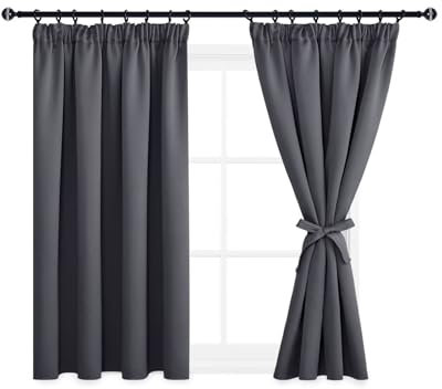 DWCN Gardinen für Schienensystem Vorhänge Blickdicht mit Vorhang-Krawatten, Vorhänge Kinderzimmer Gardinen Kurz Verdunkelungsgardinen für Schlafzimmer Küche, 137x167cm(HxB), Dunkel Grau, 2er Set