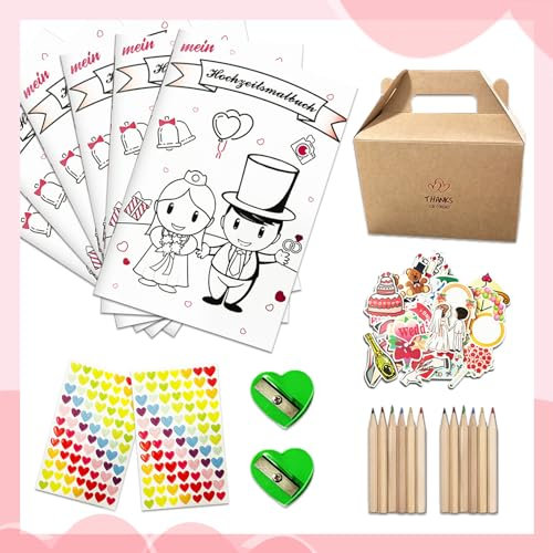 Akranini Hochzeitsmalbuch Kinder, 10er Set Malbuch Hochzeit mit Stift und Spitzern, Hochzeitsmalbuch Kinder, Gastgeschenke Hochzeit für Kinder, Hochzeitsherz zum Ausschneiden inkl.