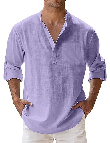 Caxndycing Chemise en lin à manches longues pour homme - Couleur unie - Printemps - Été - Poche avant - Coton - Boutonné - Haut baggy Slim Fit - Chemise de loisirs - Sans plis, lilas, XXXL
