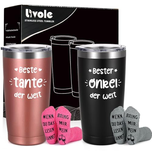 Livole Tante und Onkel Geschenk Weihnachten, Tasse mit Spruch, Beste Tante Geschenk, Bester Onkel Tasse, Geschenkset, Lustige Geschenk für Tante, Onkel, Plüschsocken, 600ml Camping Becher, 2 Stück